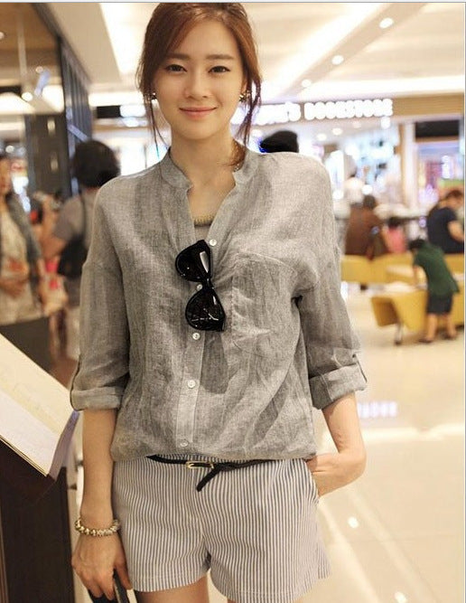 summer new sun protection clothing Japanese style small fresh loose cotton and linen three-quarter sleeves stand-up collar cotton and linen shirt women