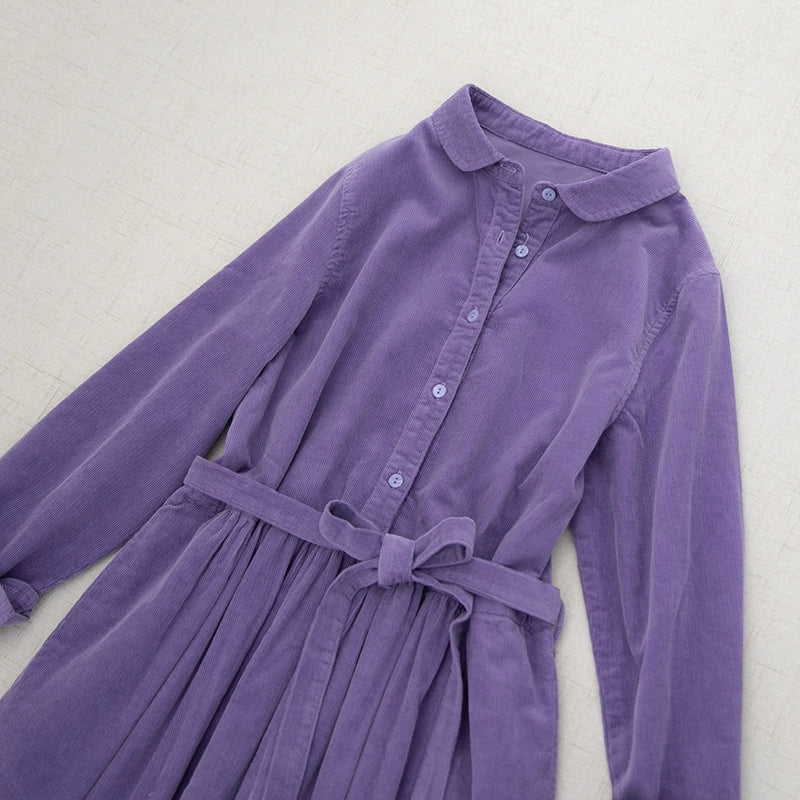 Doll collar shirring big swing dress long skirt washed cotton thin corduroy commuting literary girl autumn and winter