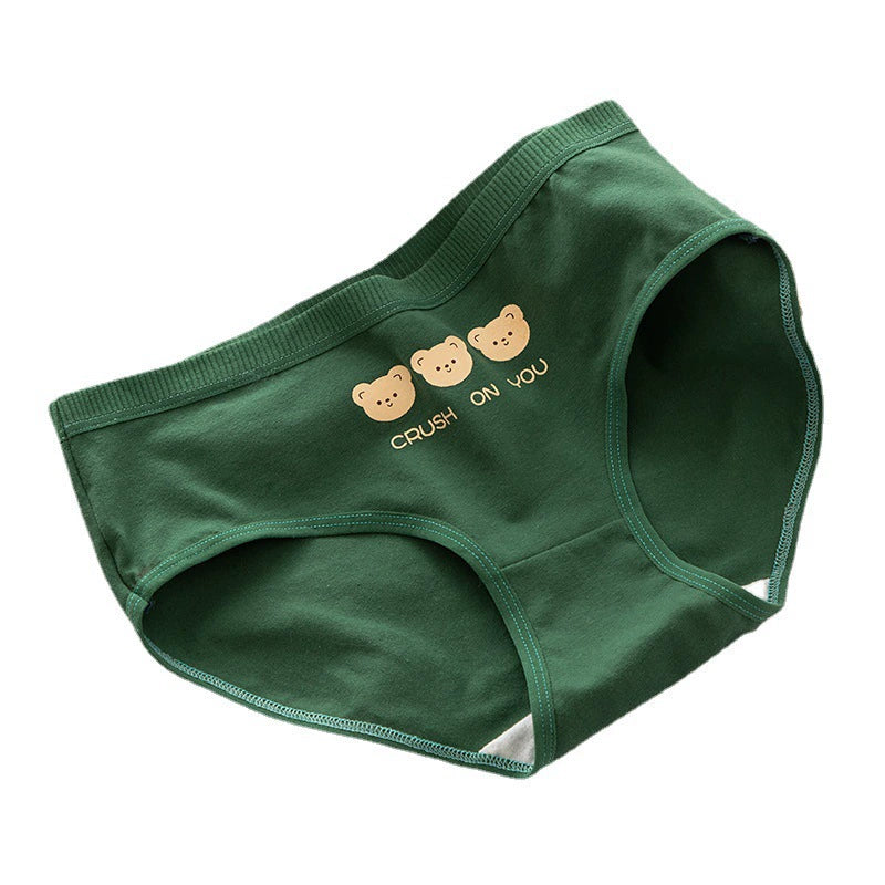 5 pieces of new hot style fashion green bear girl pure 100% pure cotton sweet mid-waist antibacterial breathable underwear