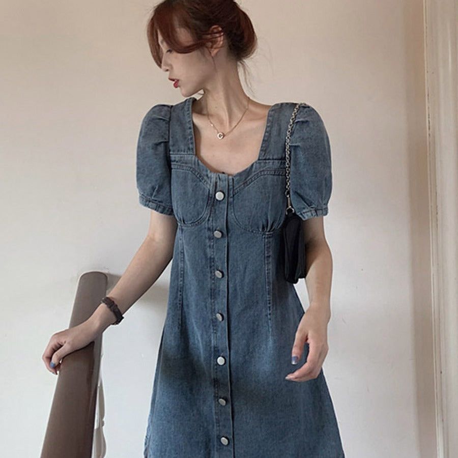 Denim dress women's summer French temperament narrow waist small puff sleeves long and short skirt large size short-sleeved women