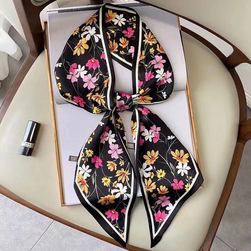 Long silk scarf, women's high-end small square scarf, spring and autumn black neck brace neck with shirt streamer and silk tie
