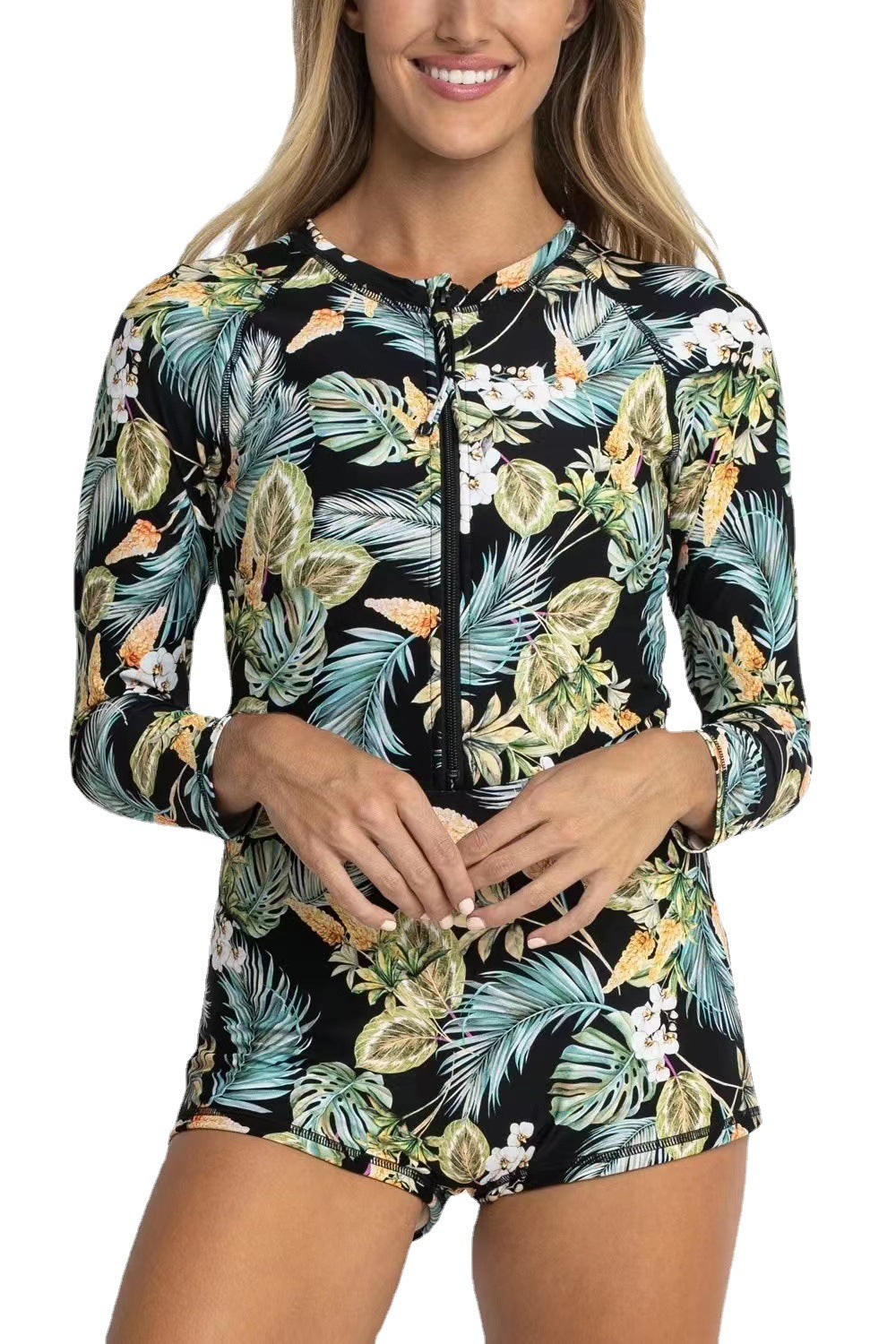 European & American Printed Surf Suit – Long Sleeve One-Piece Swimsuit with Boxer Bottoms, Women's UV Sunscreen Beachwear
