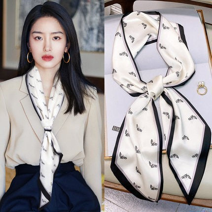 Long silk scarf, women's high-end small square scarf, spring and autumn black neck brace neck with shirt streamer and silk tie