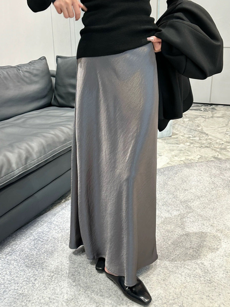 Acetate satin fishtail skirt women's temperament simple drape slim hip A-line midi skirt