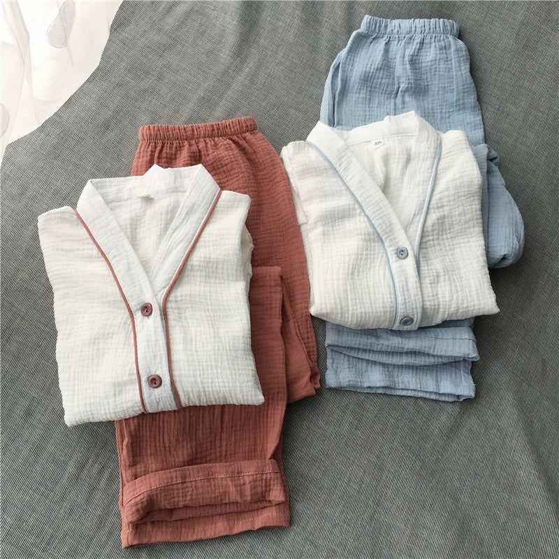 Simple Japanese plain cotton washed cotton double-layer gauze V-neck home clothes pajamas set long-sleeved trousers