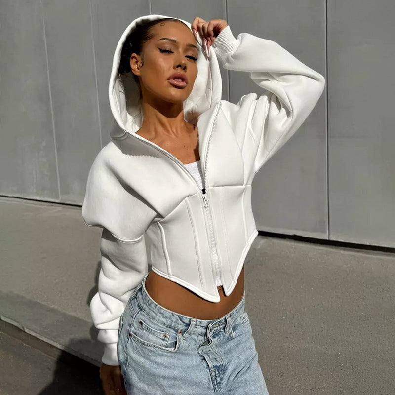 street European and American style long sleeve fleece zipper cardigan hooded sweatshirt casual jacket women