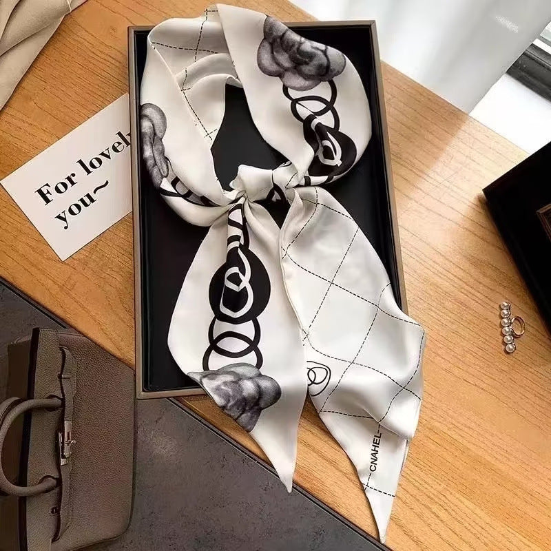 Long silk scarf, women's high-end small square scarf, spring and autumn black neck brace neck with shirt streamer and silk tie