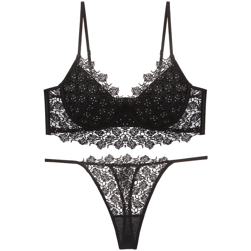 Summer Breathable French Sexy Underwear Soft Steel Ring Gather Body Shaping Thin Section Rhinestone Rose Embroidery Bra Set