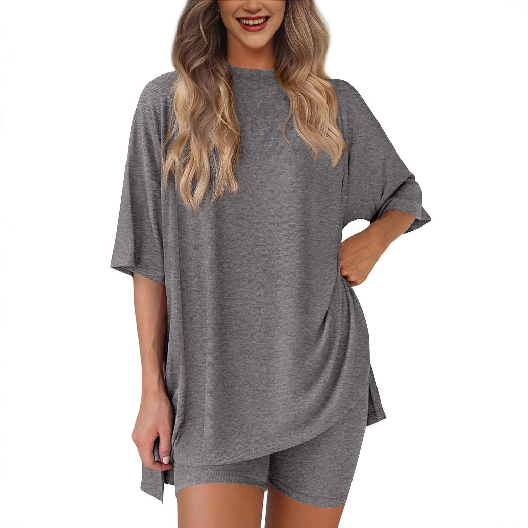 spring/summer European and American new loose fashion solid color casual short-sleeved shorts two-piece set