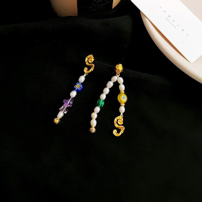 Retro elegant cultured pearl necklace temperament color glass earrings ins style asymmetrical earrings set T163