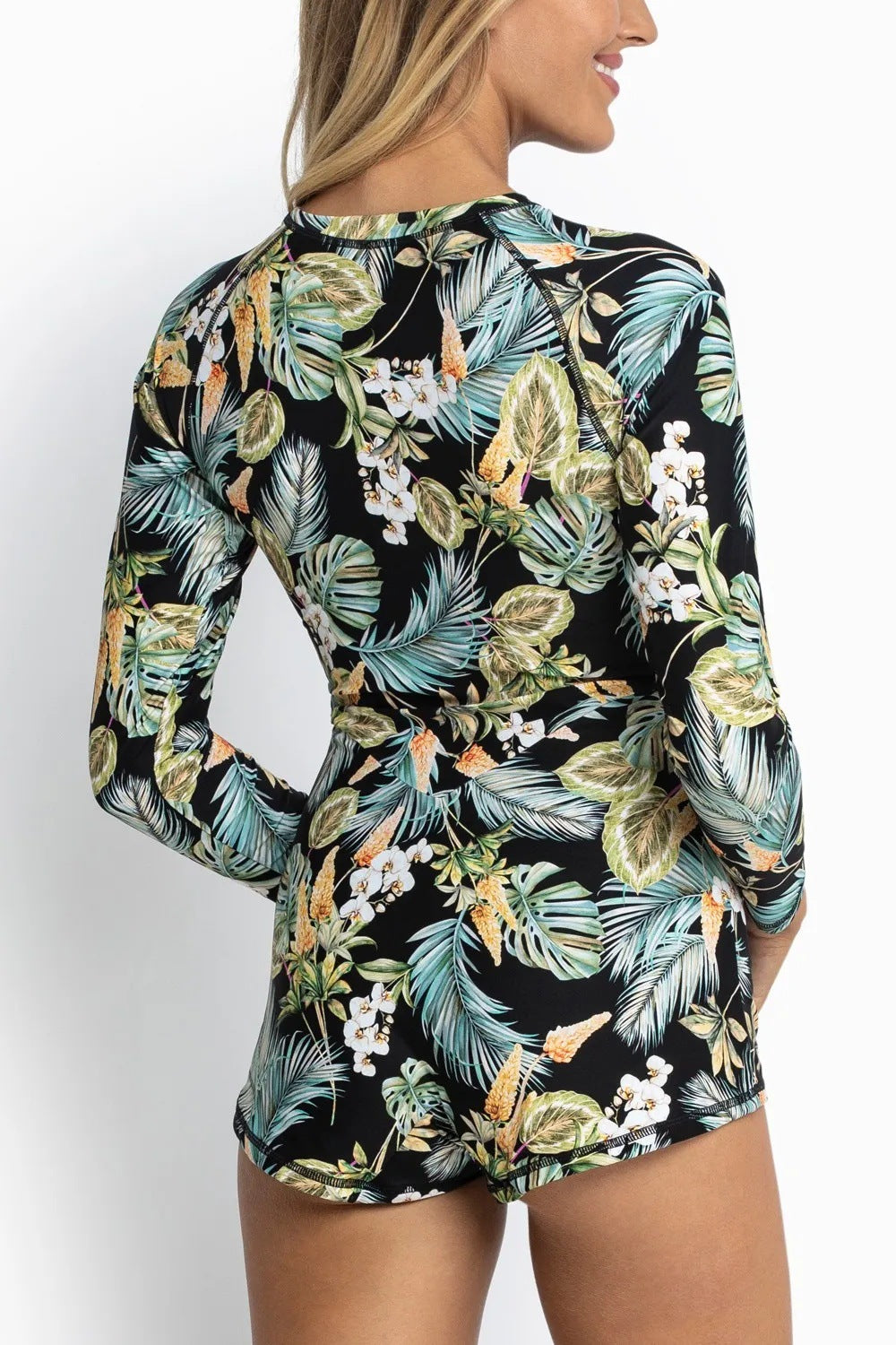 European & American Printed Surf Suit – Long Sleeve One-Piece Swimsuit with Boxer Bottoms, Women's UV Sunscreen Beachwear