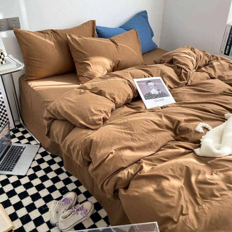 Simple pure color washed cotton bed four-piece spring and autumn Japanese-style bedding bed linen quilt cover single dormitory three-piece set