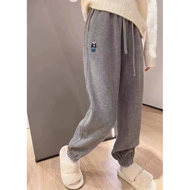 Pure cotton ~ the counter withdraws the bear bear embroidery casual sweatpants women's autumn and winter thickened beam feet look thin all-match sports pants
