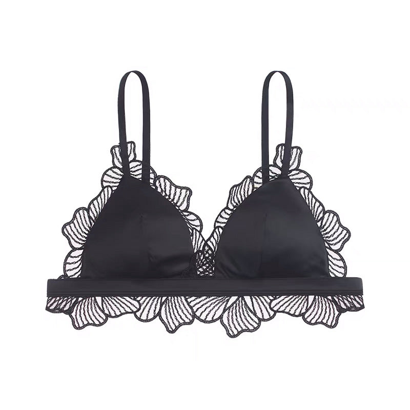 French triangle cup underwear Bralette no steel ring thin section satin cloth splicing appliqué lace edge bra set