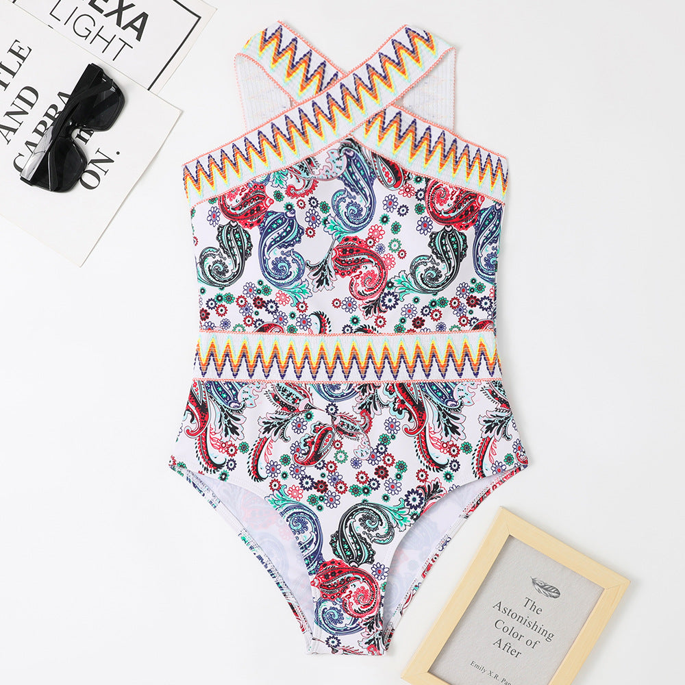 Tenglong Women's Swimsuit – Printed Halter One-Piece, Knitted Belt Detail,Summer Beachwear