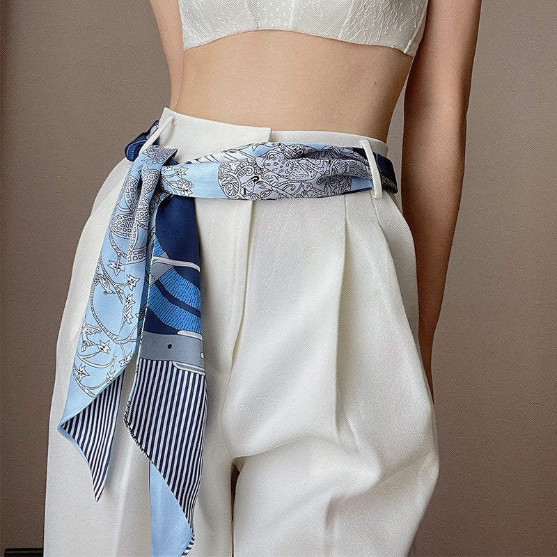 Long silk scarf, women's high-end small square scarf, spring and autumn black neck brace neck with shirt streamer and silk tie