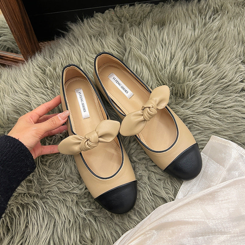 Small fragrance flat sole inner height single shoes women's spring and autumn new French temperament bow white Mary Jane shoes