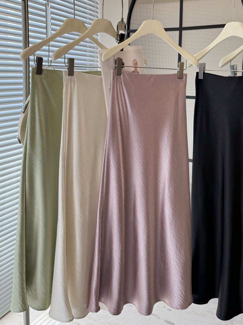 Acetate satin fishtail skirt women's temperament simple drape slim hip A-line midi skirt
