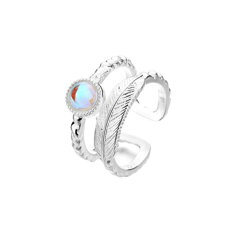 Double-layer opening feather irregular moonstone French ins cold wind minority original design female index finger ring