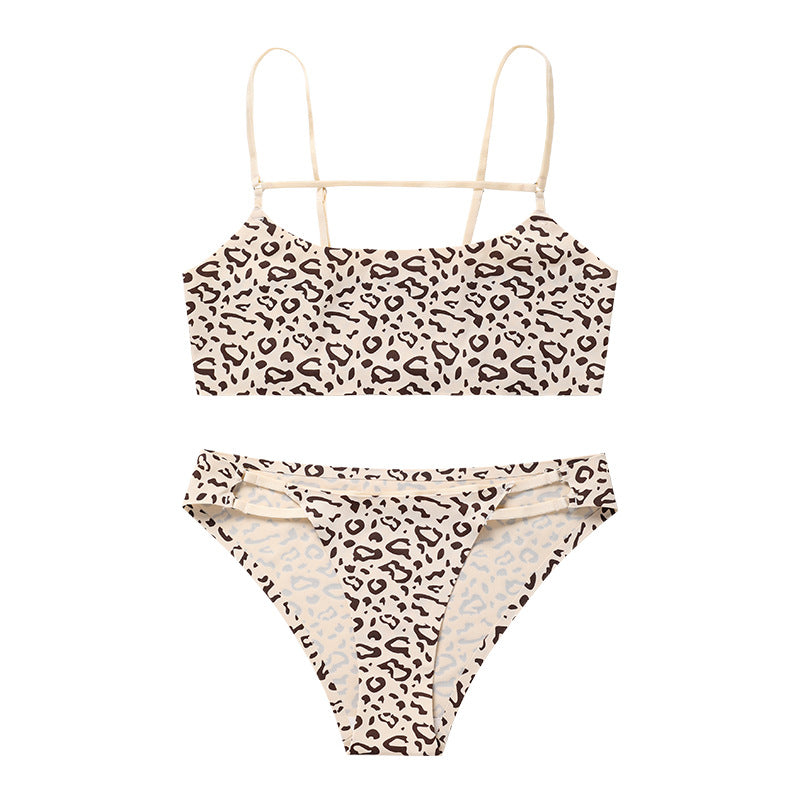 Leopard print bra set female sense European and American style no steel ring gathered on the top breathable temptation sexy lingerie set