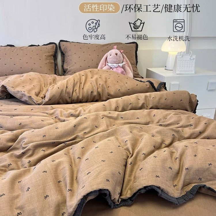 Class A French bedding four-piece set of cotton cotton double-layer gauze duvet cover bed sheets summer bed hat dormitory three-piece set 4