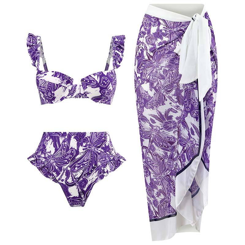 Bikini Set – Sexy Gathered Design, High Waist Split Swimsuit + Chiffon Long Skirt, European & American Style