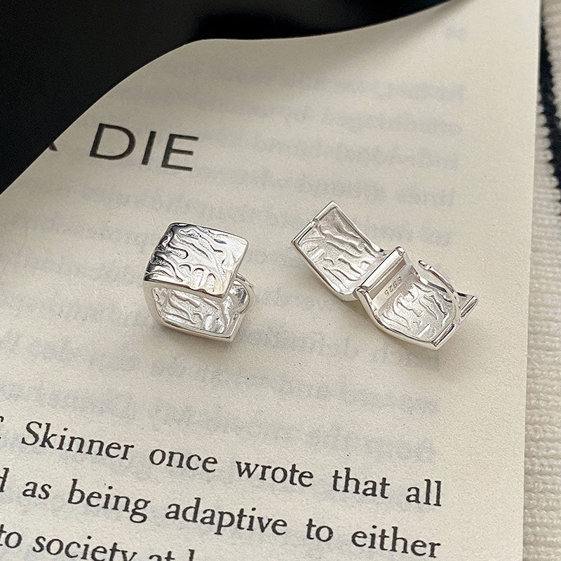 Yongcheng s925 sterling silver earrings niche design sense of folds texture sense square ear buckle cold wind design earrings female