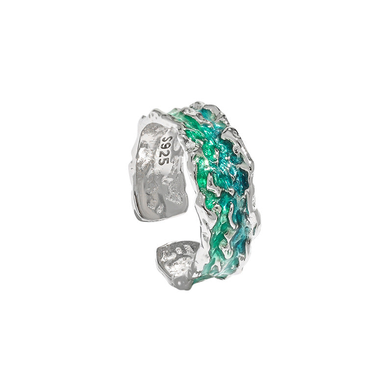 1809 niche design sense irregular texture texture light luxury blue green drip glaze S925 sterling silver ring ring female