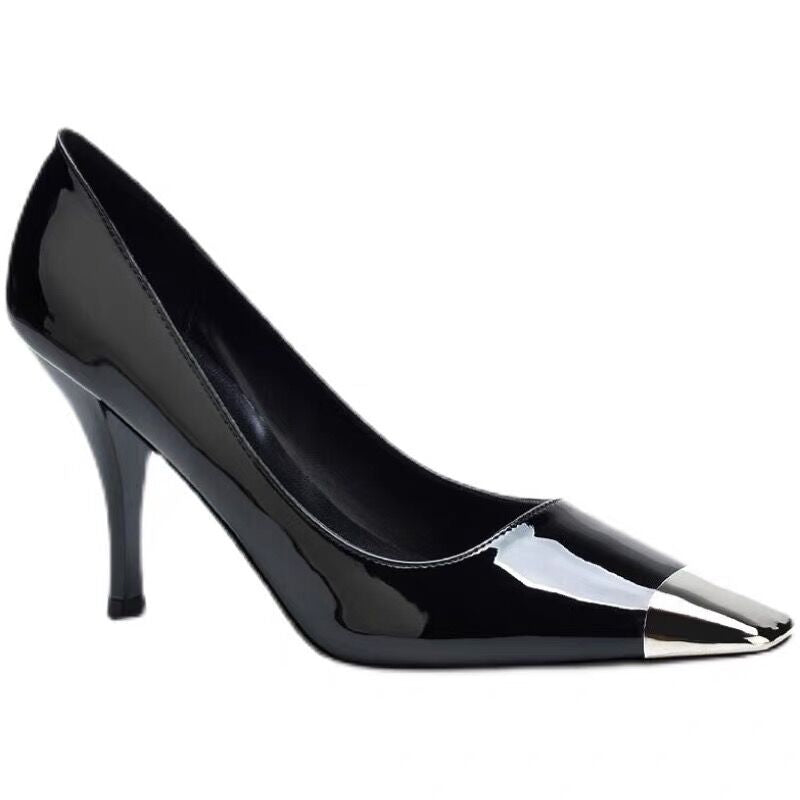New Sexy Patent Leather High Heels Square Toe Metal Toe Stiletto Heel Fashion Single Shoes Black Toe Wrap Sandals for Women