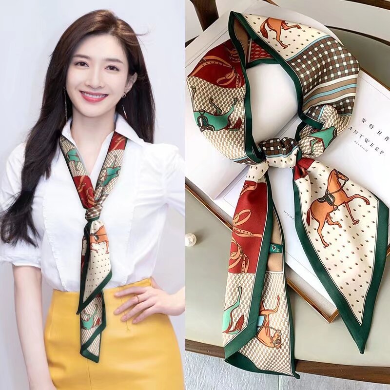Long silk scarf, women's high-end small square scarf, spring and autumn black neck brace neck with shirt streamer and silk tie