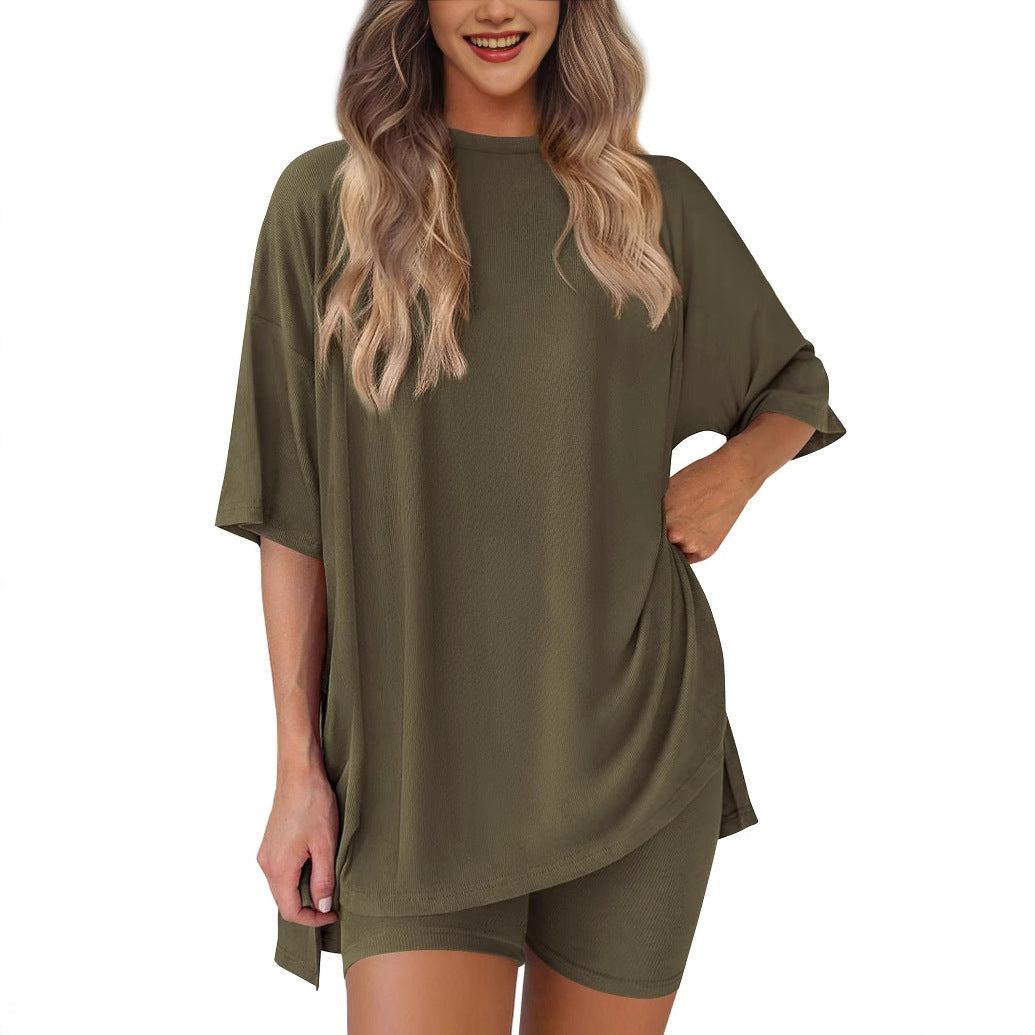 spring/summer European and American new loose fashion solid color casual short-sleeved shorts two-piece set