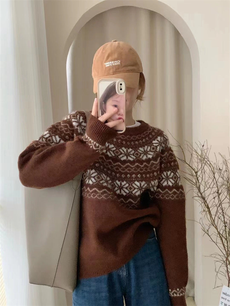 Retro jacquard soft waxy sweater women's autumn and winter new Japanese style lazy style loose round neck pullover sweater thick