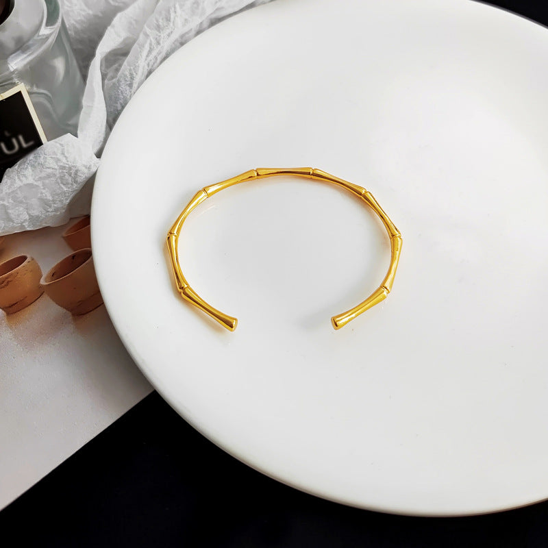 Retro temperament bamboo design bracelet personality opening copper gold-plated bracelet ins style trendy jewelry T174