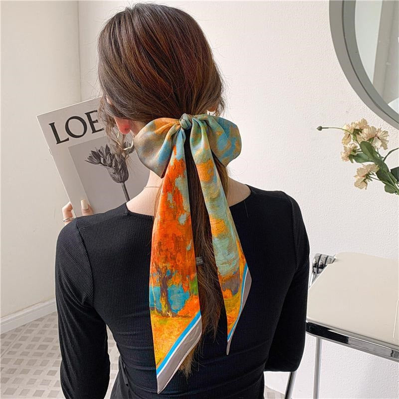 Long silk scarf, women's high-end small square scarf, spring and autumn black neck brace neck with shirt streamer and silk tie