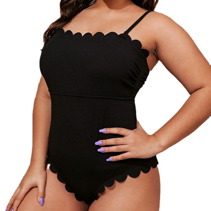 Plus Size Black Lace One-Piece Swimsuit – Sexy Suspender Style, Tummy Control, Conservative Cut for Curvy Women
