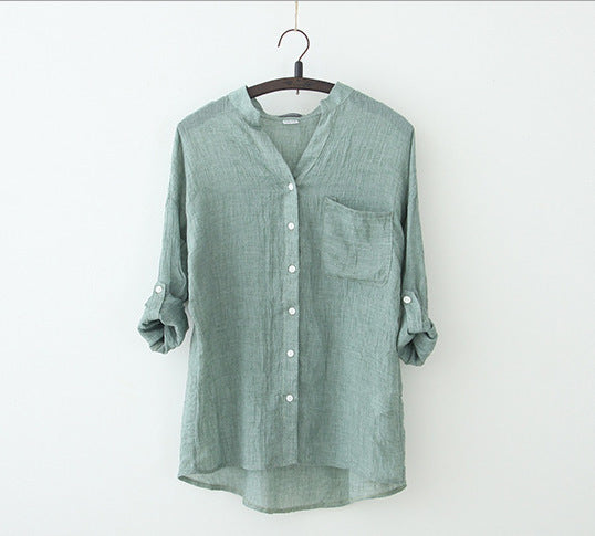 summer new sun protection clothing Japanese style small fresh loose cotton and linen three-quarter sleeves stand-up collar cotton and linen shirt women