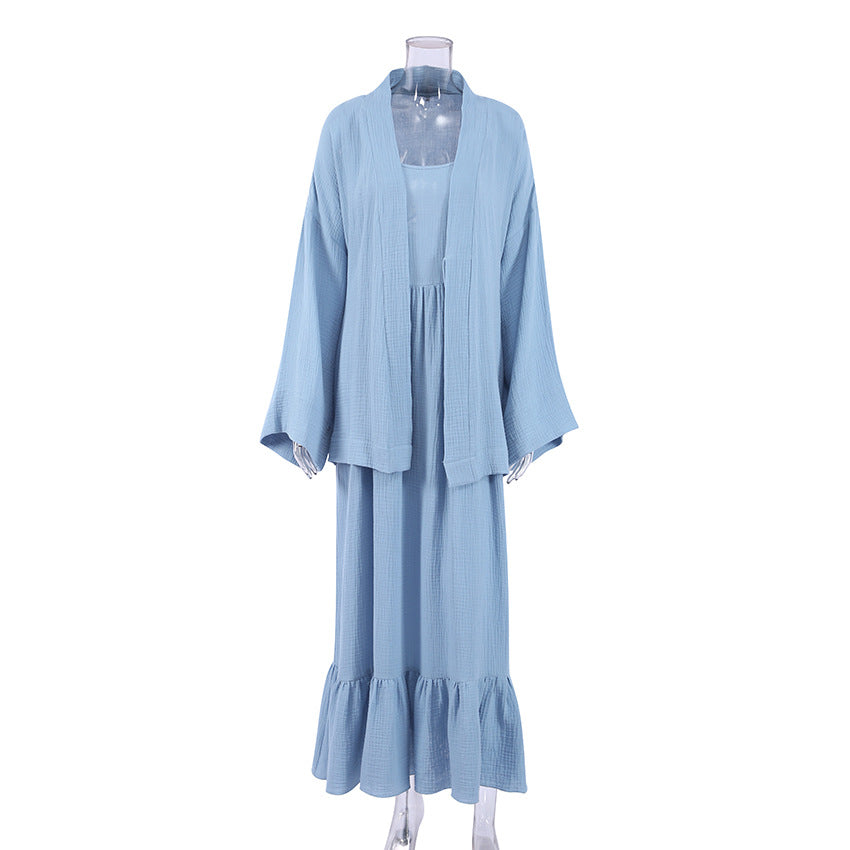 summer French style pajamas fashion nightgown two-piece set double-layer gauze suspenders nightdress ruffled ladies home clothes