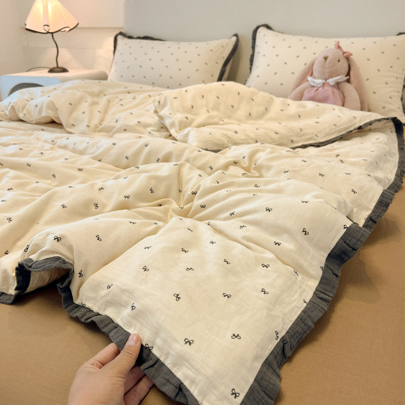 Class A French bedding four-piece set of cotton cotton double-layer gauze duvet cover bed sheets summer bed hat dormitory three-piece set 4