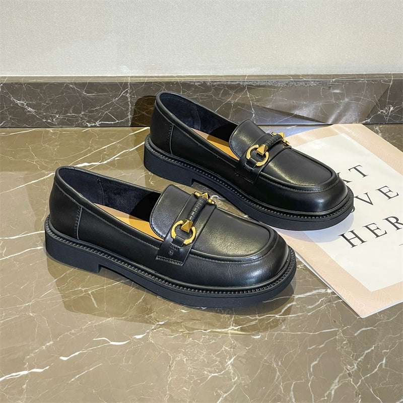 Flat-bottomed loafers women's spring new Japanese jk commuter single shoes soft-soled slip-on metal leather shoes