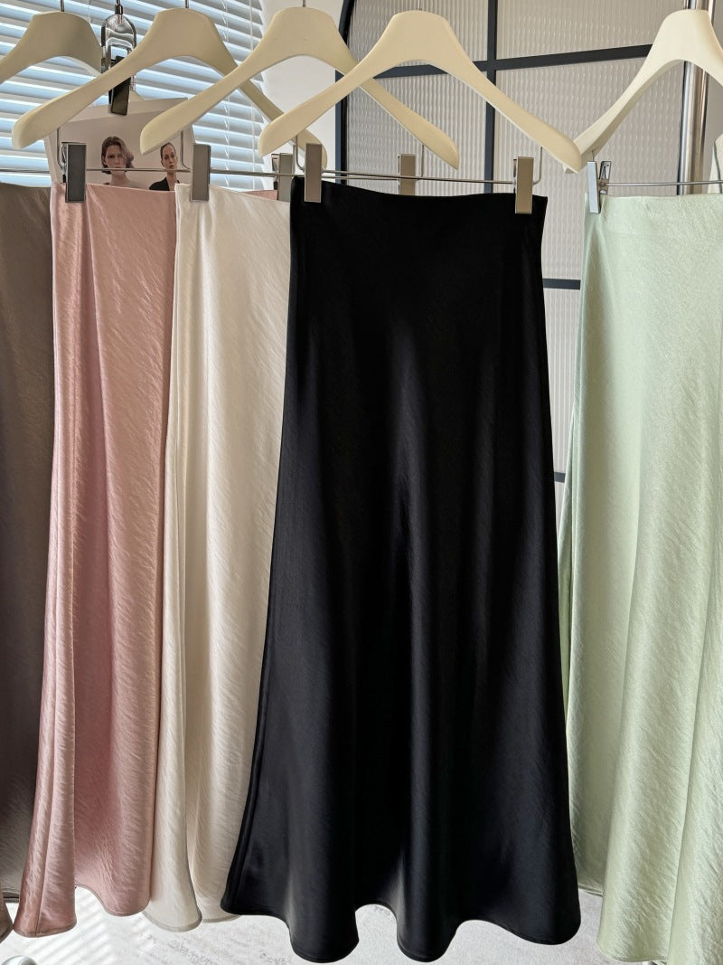 Acetate satin fishtail skirt women's temperament simple drape slim hip A-line midi skirt