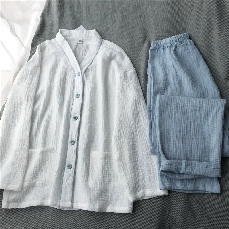 Simple Japanese plain cotton washed cotton double-layer gauze V-neck home clothes pajamas set long-sleeved trousers
