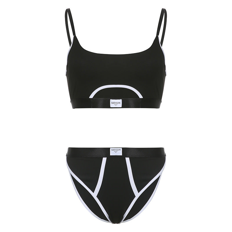 Contrasting Color Stitching Letter Cloth Label Personalized Split U-Neck Adjustable Shoulder Strap Briefs Bra Two-piece Set