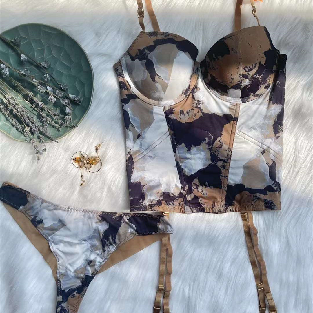 New printed glossy sexy lingerie small chest showing big slim body bone clothing bra tummy control body vest bra set