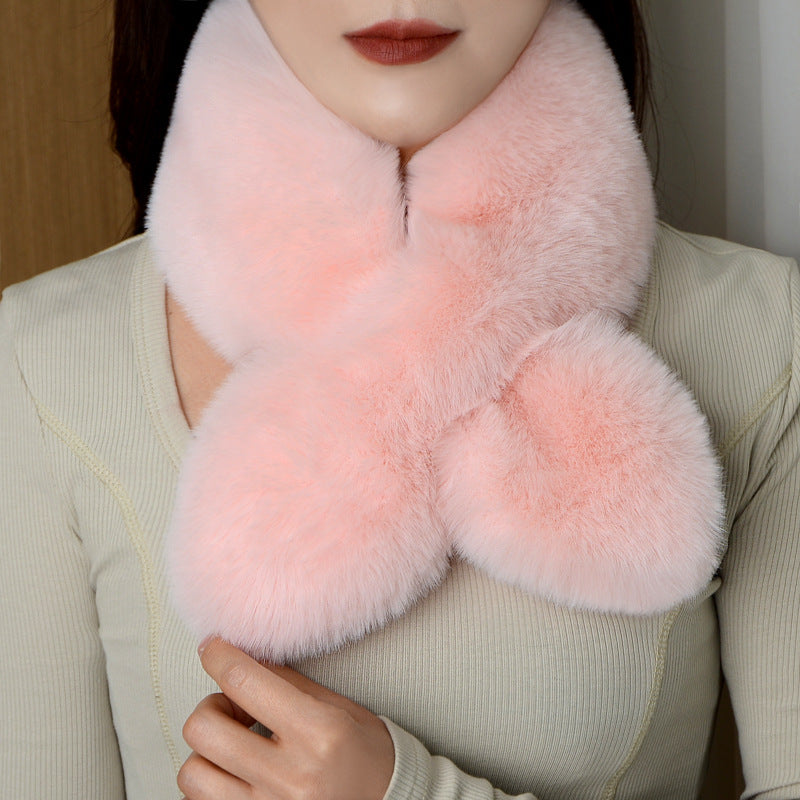 New Neck Wrap Women's Winter Korean Version Double-sided Plush Scarf Imitation Otter Rabbit Fur Thickened Warmth Cross Versatile Solid Color Autumn