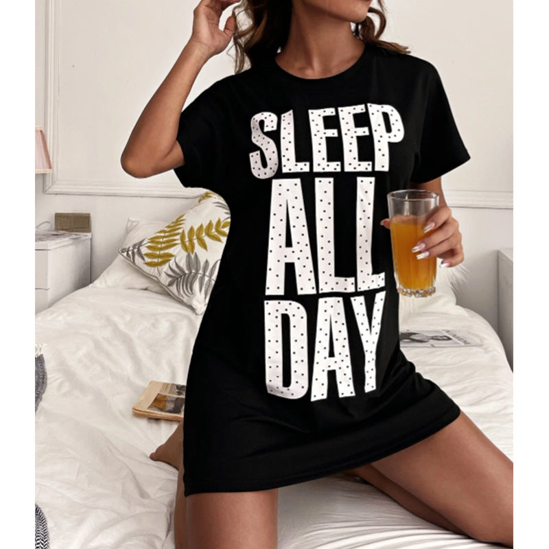 new summer short-sleeved nightdress women's pajamas dress one-piece skirt breathable mid-length dress home service