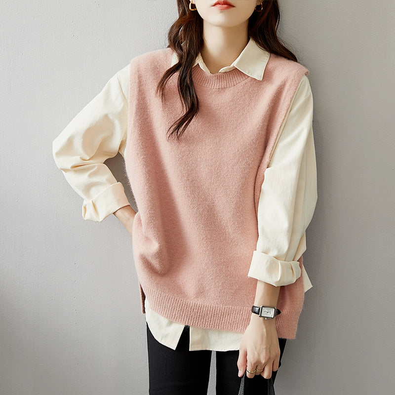 Japanese commuter shirt with vest two-piece set female spring and autumn pink sweater vest with shirt layered suit female