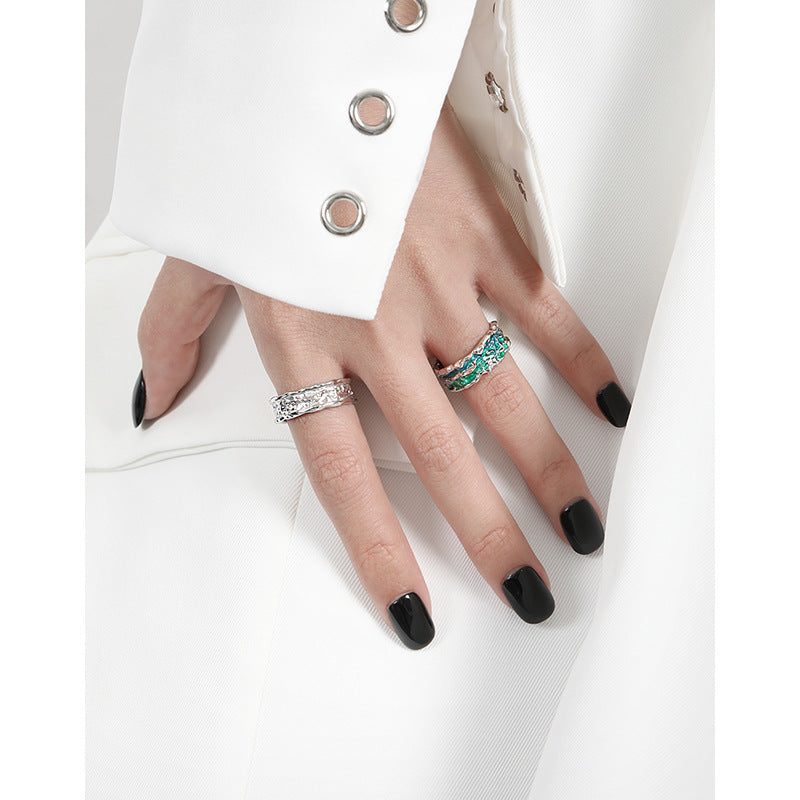 1809 niche design sense irregular texture texture light luxury blue green drip glaze S925 sterling silver ring ring female