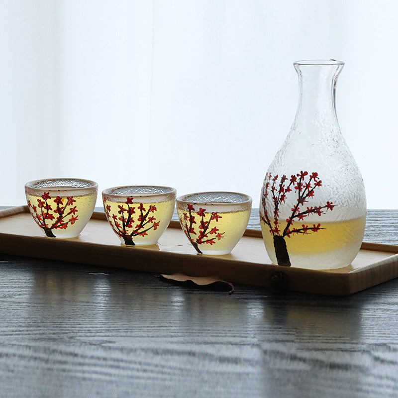 Japanese-style plum blossom thumb sake pot sake cup set creative plum blossom frosted glass wine dispenser liquor set wholesale