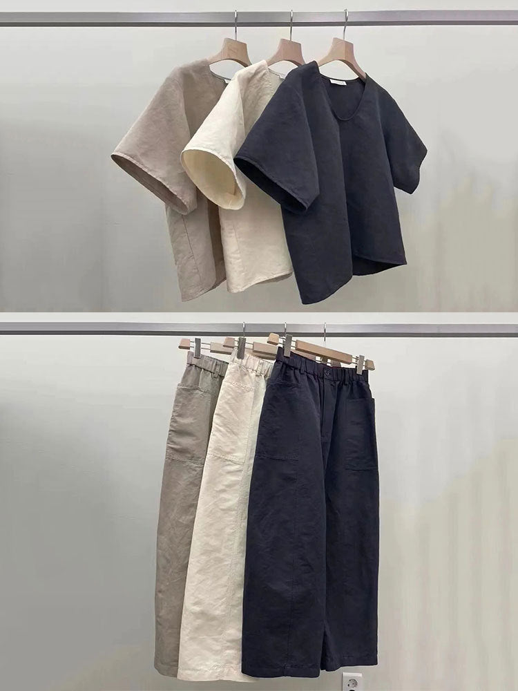 Summer New Lazy Style Japanese Style Simple Small Fashion Western Style Cotton Linen Suit Retro Women's Clothes