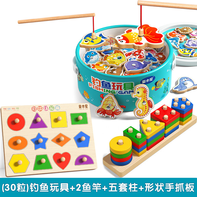 Kids Fishing Toys Magnetic Wooden Fish 1 to 3 Year Old Baby Educational Early Education Cognition Marine Fish First Year Gift